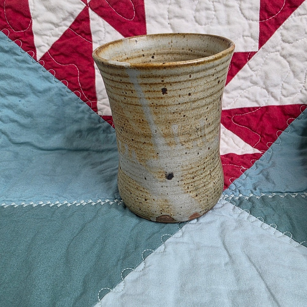 Studio Pottery Hand Thrown Stoneware Tumbler Cup Tan Speckled Glaze Signed 4.5"